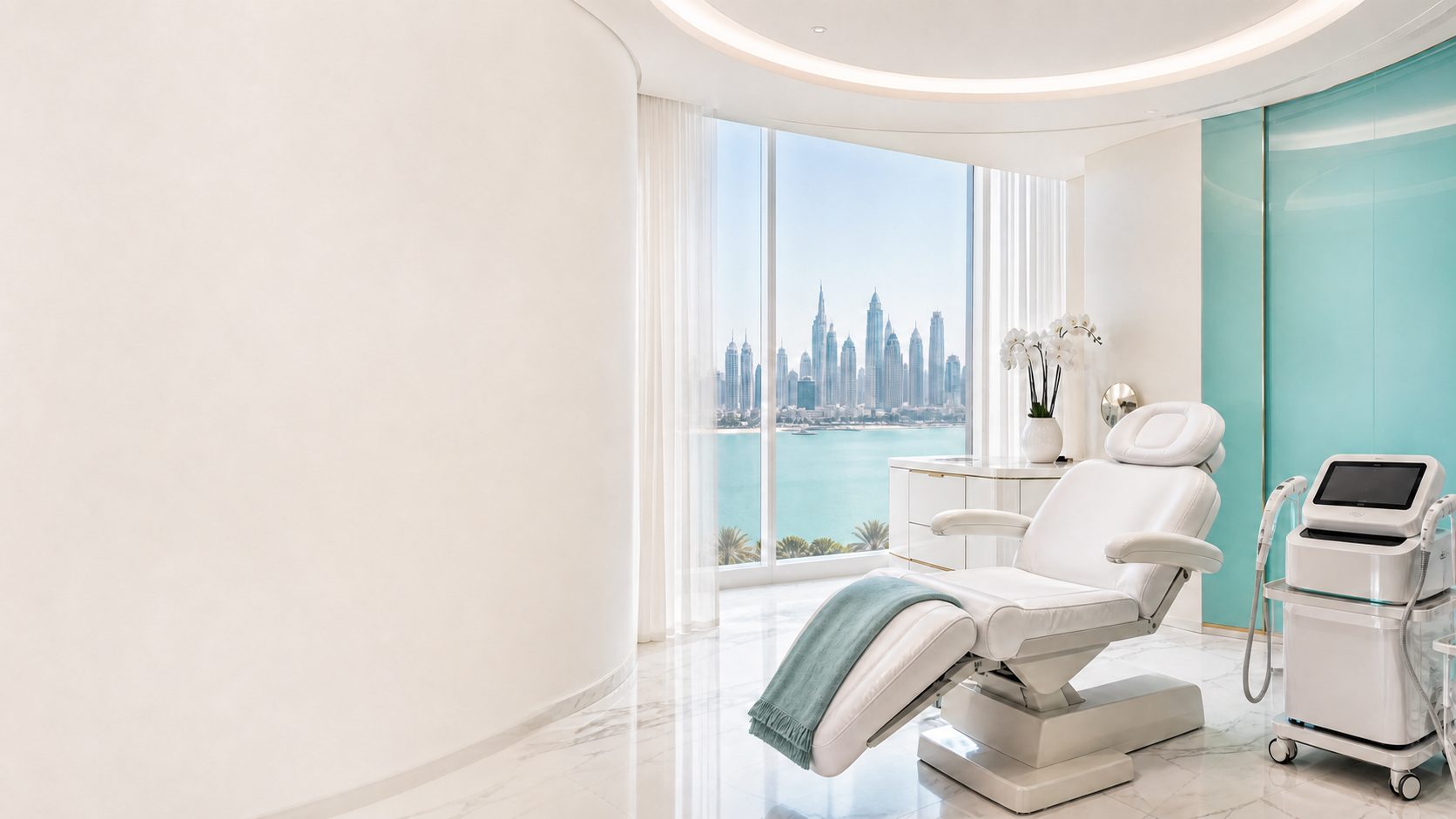 Modern aesthetic clinic interior in warm morning light